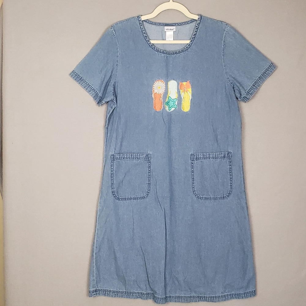 Vintage‎ Vicki Wayne Cotton Chambray Jumper Dress Flip Flop Print 90s Mom Size M